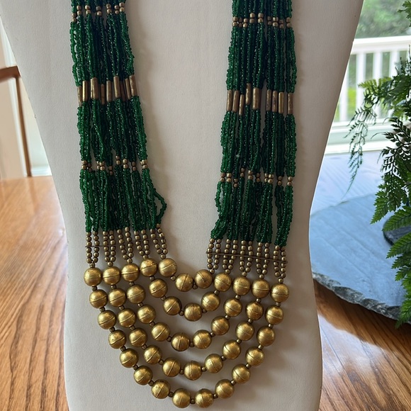 Green and Gold Beads Multilayered Statement Mixed Materials Artisan Necklace - Picture 13 of 17